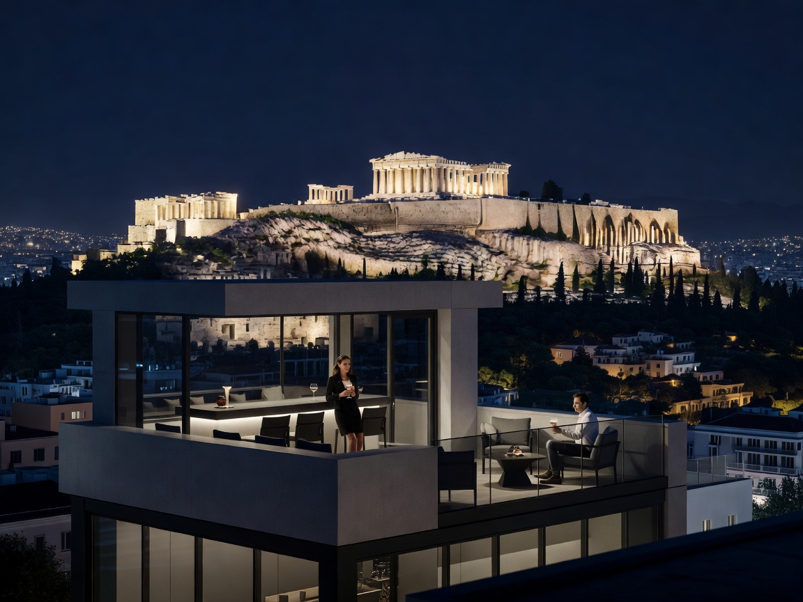 Athens Acropolis view at night with sleek rooftop cocktail bar in foreground