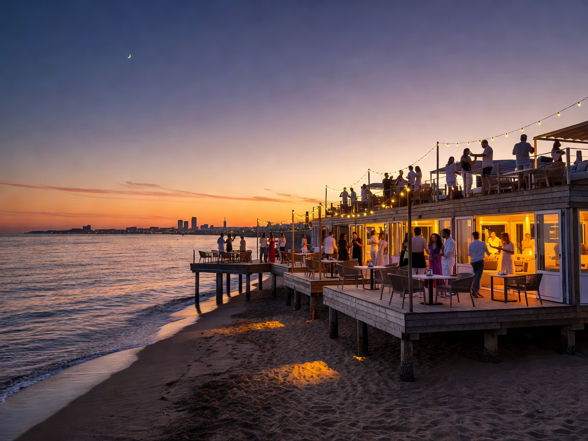 Barcelona coastline illuminated at dusk with beachfront nightclub terraces