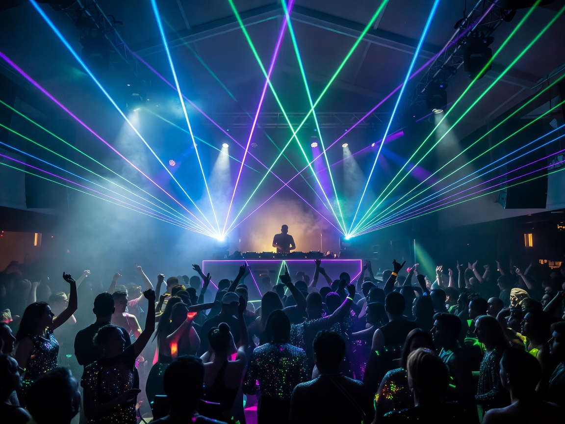 Club interior with lasers and DJ stage in Ibiza