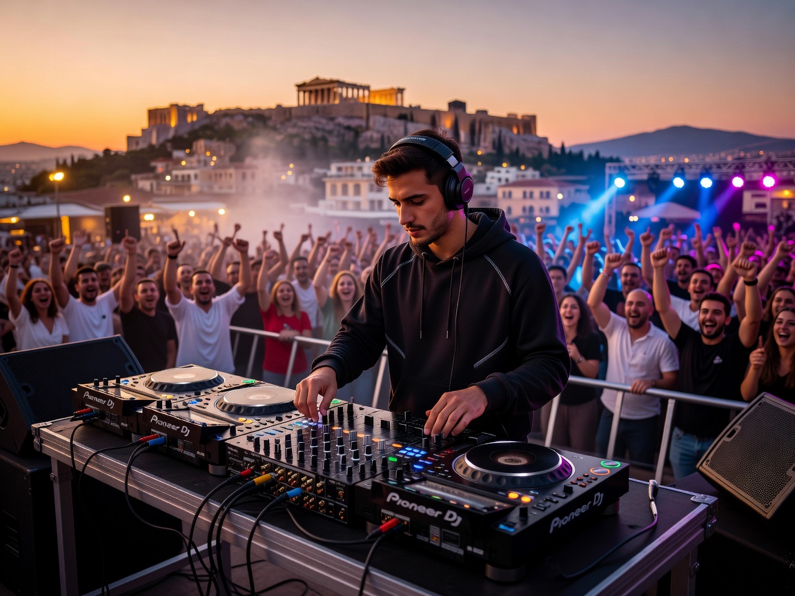 DJ mixing music on modern pioneer decks with crowd cheering in Athens