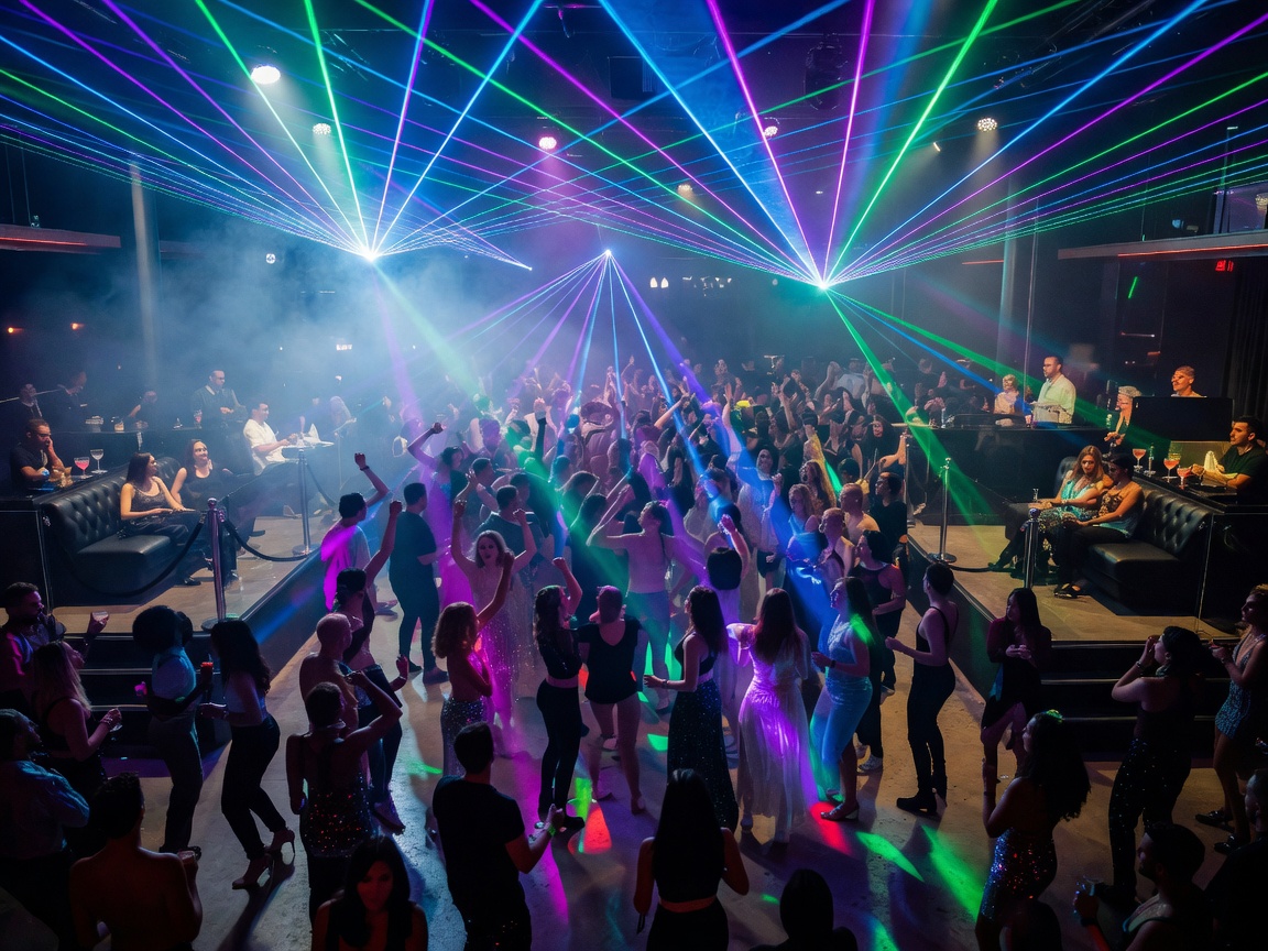 Ibiza superclub dancefloor lit with laser lights and VIP booths
