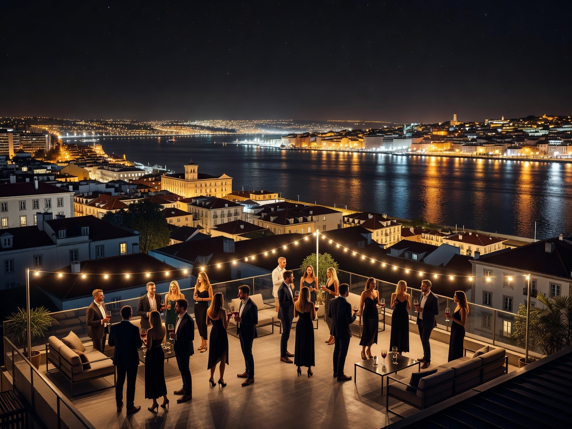 Lisbon city viewpoint at night with glowing Tagus river and rooftop party