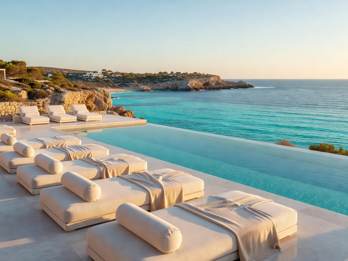 Luxury pool loungers overlooking turquoise Mediterranean sea in Ibiza