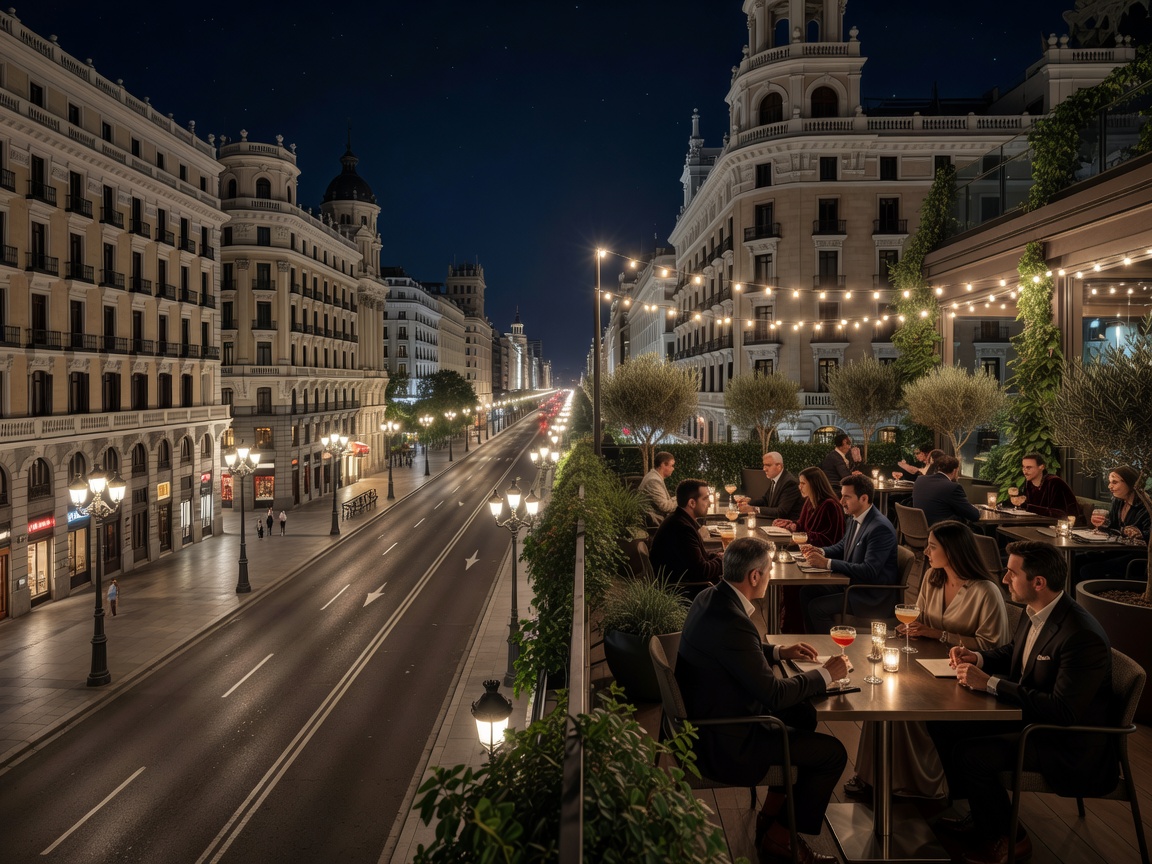 Madrid grand boulevard at midnight with rooftop terrace cocktail lounges