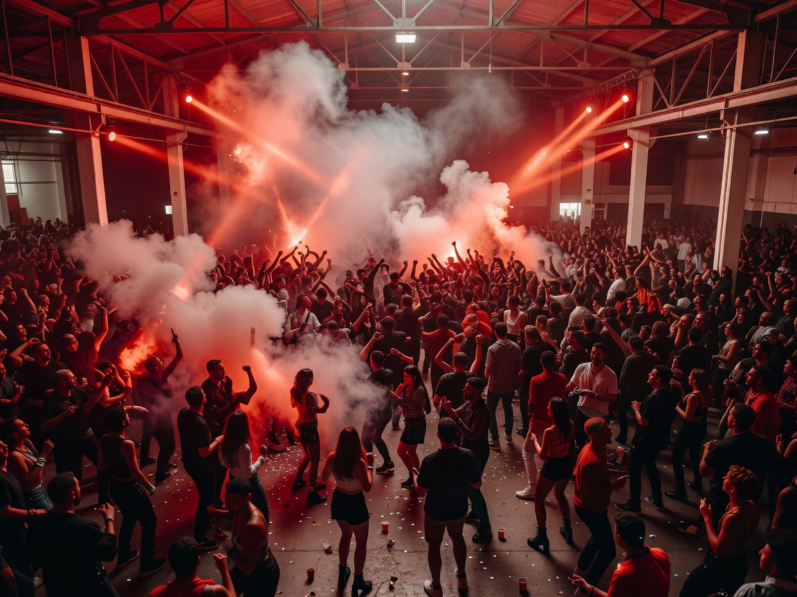 Massive hangar party with smoke machines and red lights in Madrid