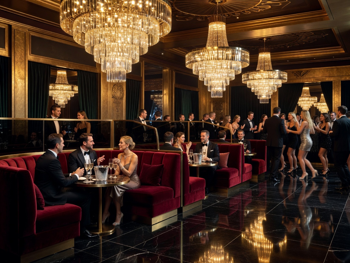 Milan luxury nightclub with gold chandeliers and VIP booths