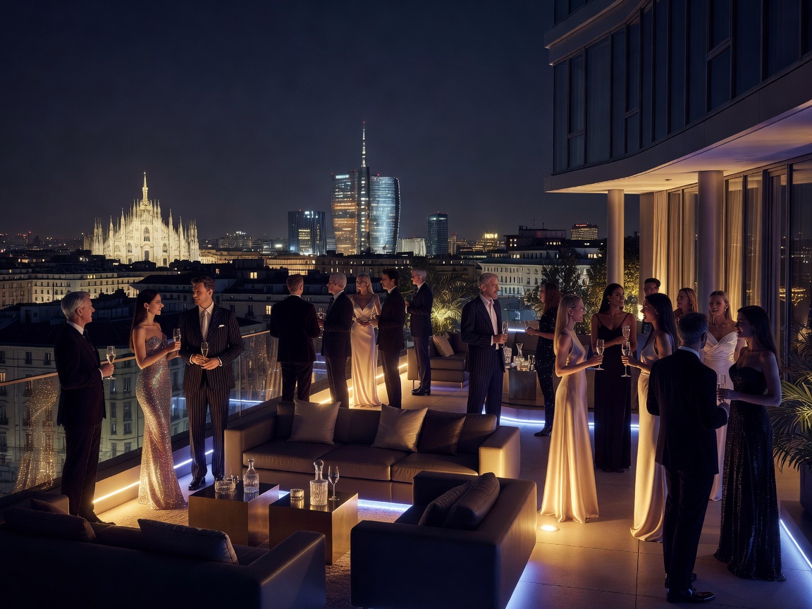 Milan skyline and modern luxury night venue during fashion week party