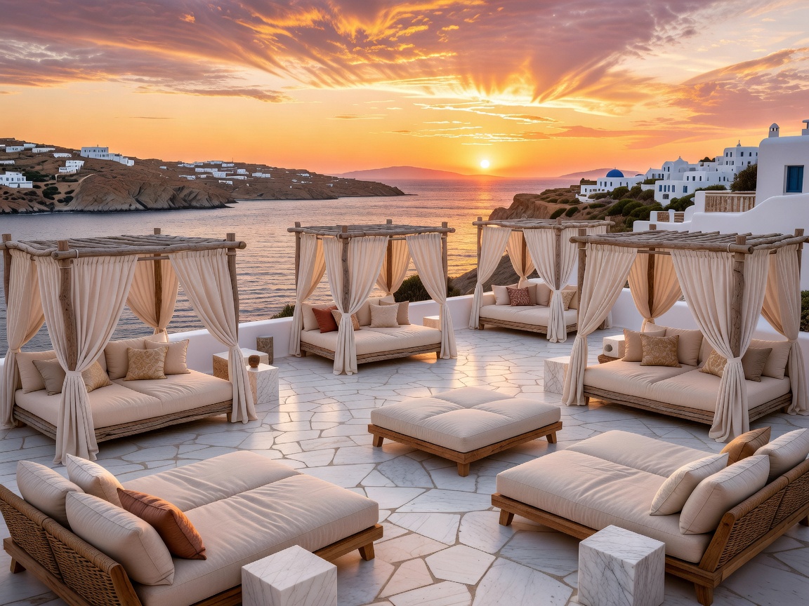 Mykonos coastal seaside lounge with sunset views and luxury cabanas