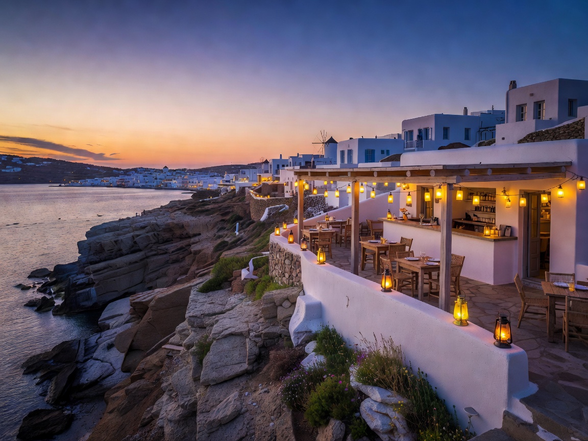 Mykonos coastline cliffside bar with lantern lights at twilight