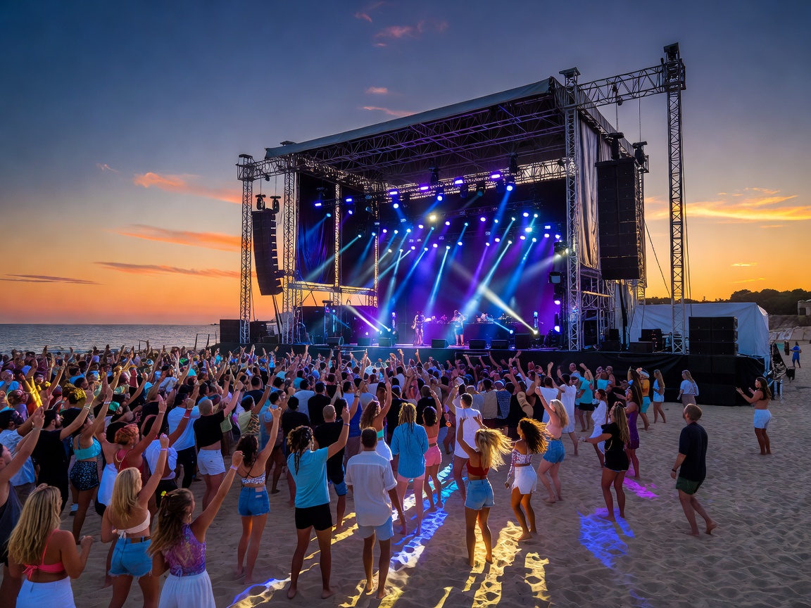 Playa d'en Bossa Ibiza beach festival stage with sunset crowd