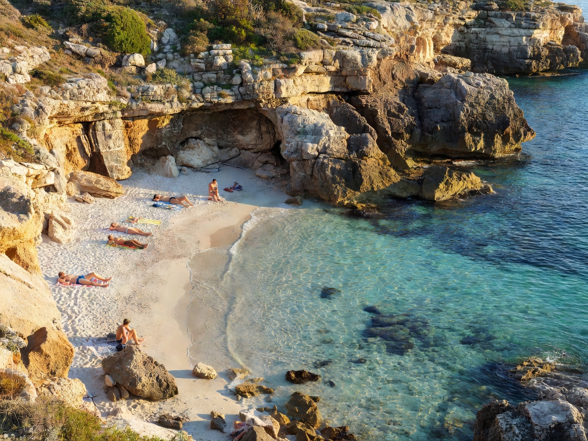 Puglia Italy rocky cove with clear blue sea and sunbathers