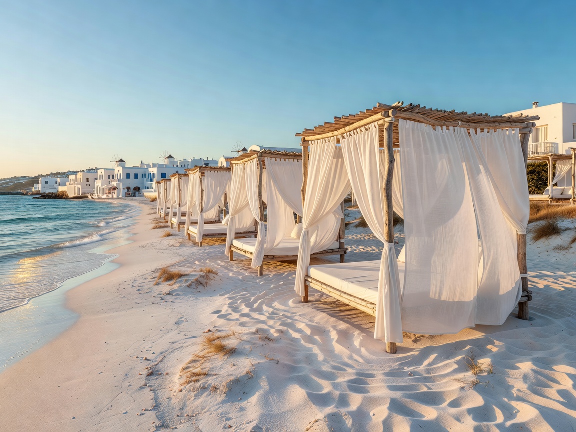 Tropical beach cabanas with white linen curtains in Mykonos